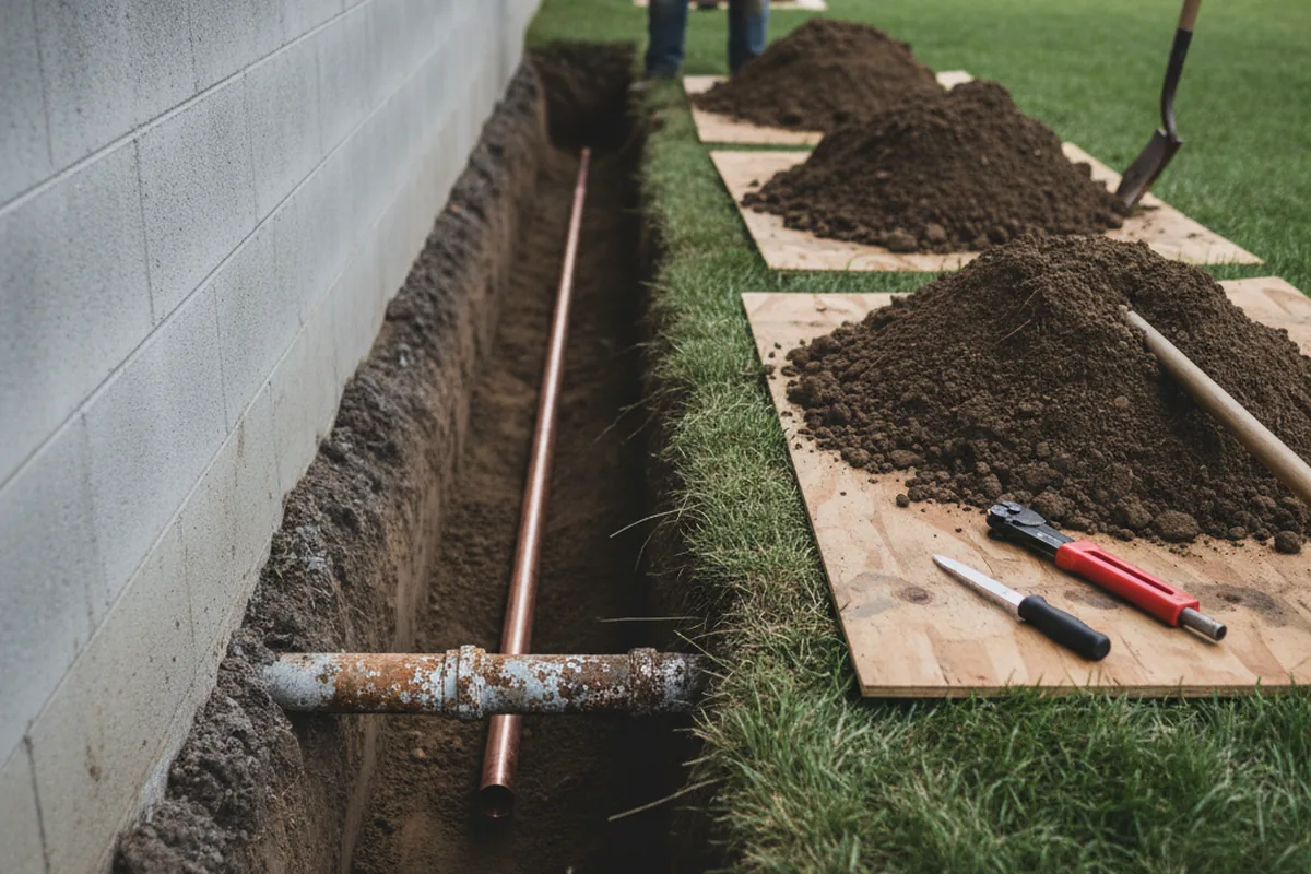 Excavated water line trench during Sewer Line Repair in Holt